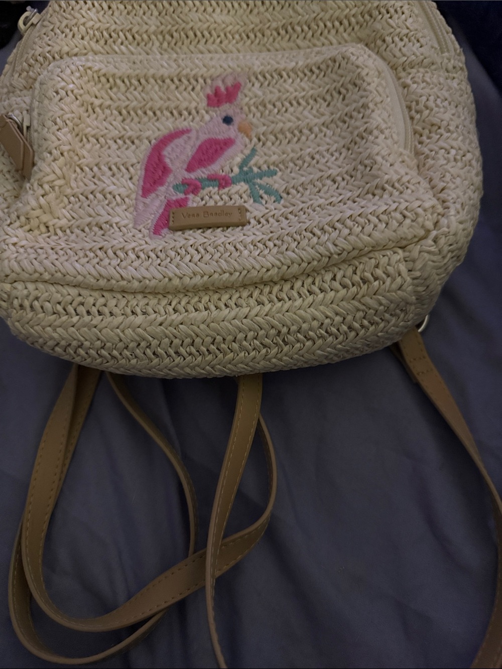 Vera Bradley Mini Cream Convertible Straw Backpack with Pink Parrot Accent